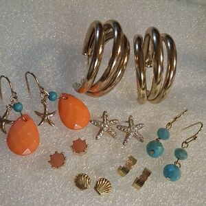 Gold and Orange & Teal Starfish Earrings Set